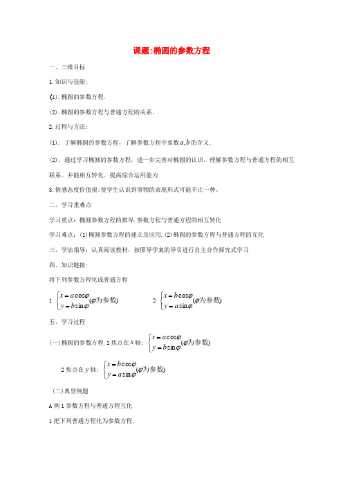 高中数学 椭圆双曲线抛物线参数方程导学案 新人教A版选修4-4