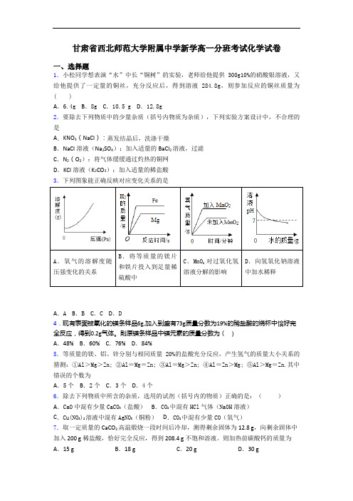 甘肃省西北师范大学附属中学新学高一分班考试化学试卷