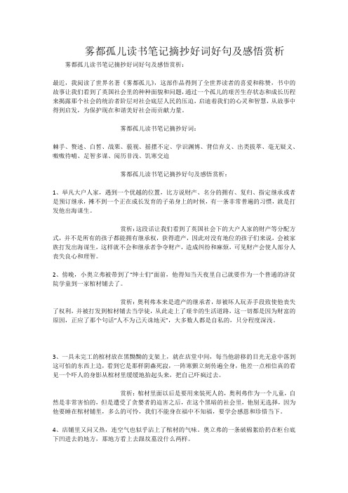 雾都孤儿读书笔记摘抄好词好句及感悟赏析