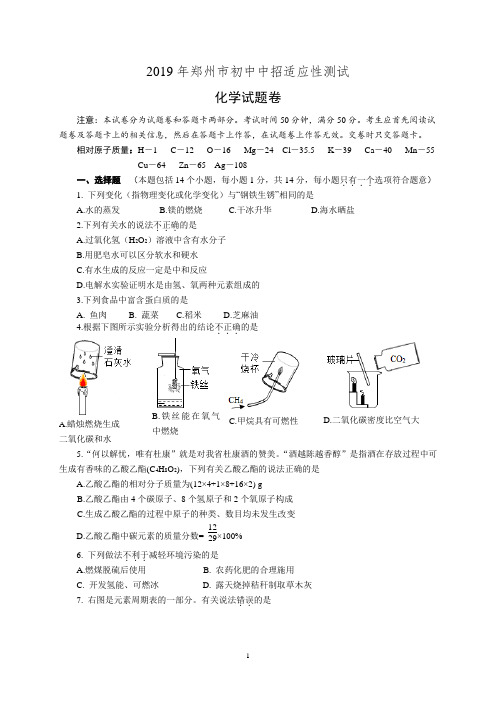 2019年郑州市中招适应性测试化学试题及答案