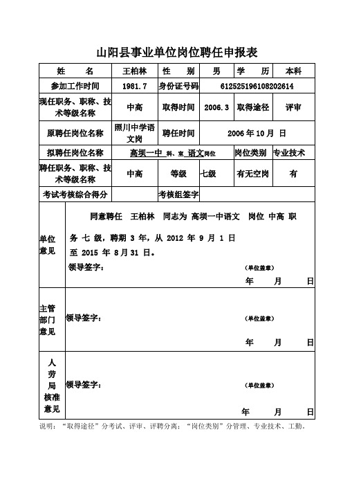 山阳县事业单位岗位聘任申报表