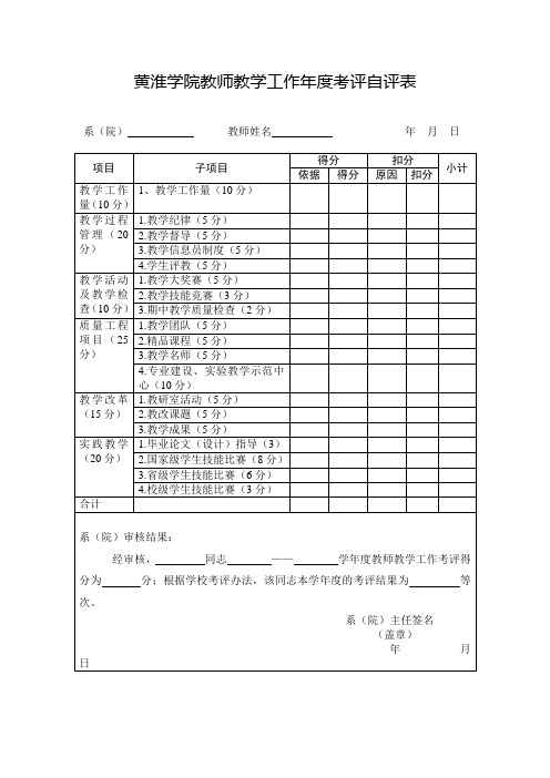 黄淮学院教师教学工作考评自评表