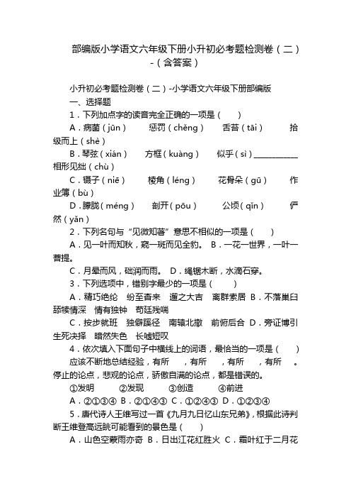 部编版小学语文六年级下册小升初必考题检测卷(二)-(含答案)