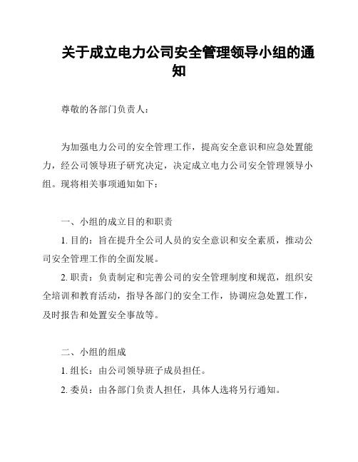 关于成立电力公司安全管理领导小组的通知