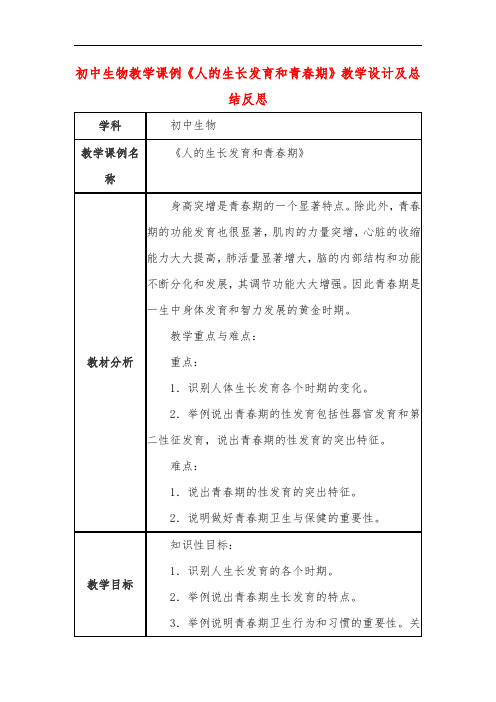 初中生物教学课例《人的生长发育和青春期》课程思政核心素养教学设计及总结反思