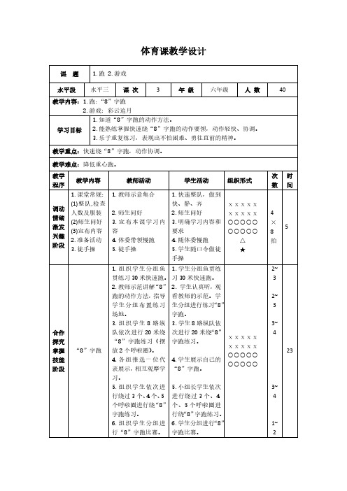 全国通用版六年级下册体育表格式教案-1 跑  “8”字跑