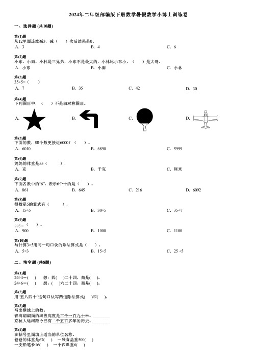 2024年二年级部编版下册数学暑假数学小博士训练卷