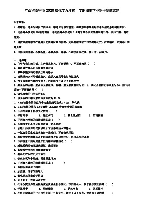 广西省南宁市2020届化学九年级上学期期末学业水平测试试题