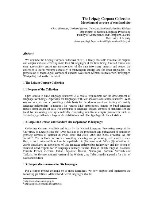 Abstract The Leipzig Corpora Collection Monolingual corpora of standard size