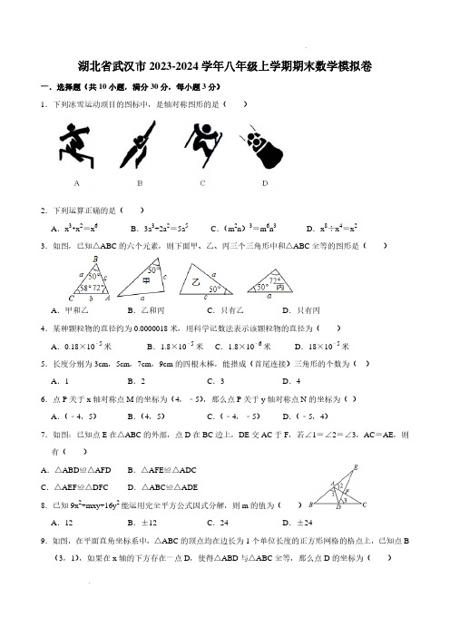 湖北省武汉市2023-2024学年八年级上学期期末数学模拟卷及答案解析