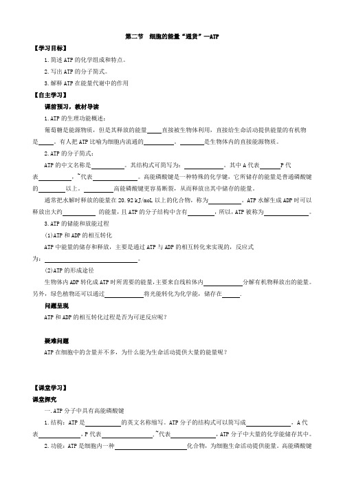 人教版高中生物高一必修一导学案：第五章_细胞的能量供应和利用_第二节_细胞的能量“通货”—atp