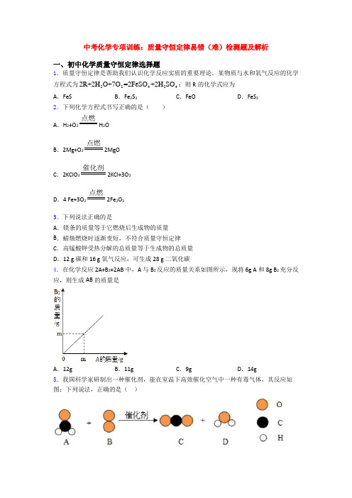 中考化学专项训练:质量守恒定律易错(难)检测题及解析