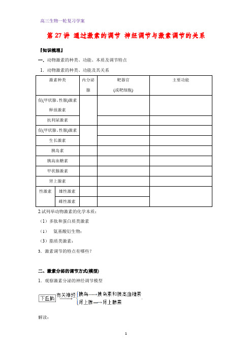 高三生物一轮复习精品学案1：第27讲 通过激素的调节 神经调节与激素调节的关系 