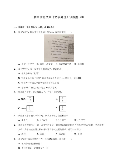 初中信息技术《文字处理》训练题 (3)(含答案解析)