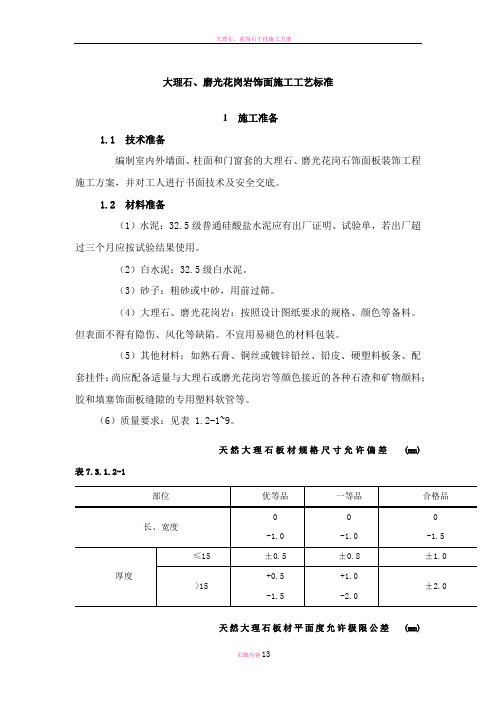 大理石、磨光花岗岩饰面施工工艺标准