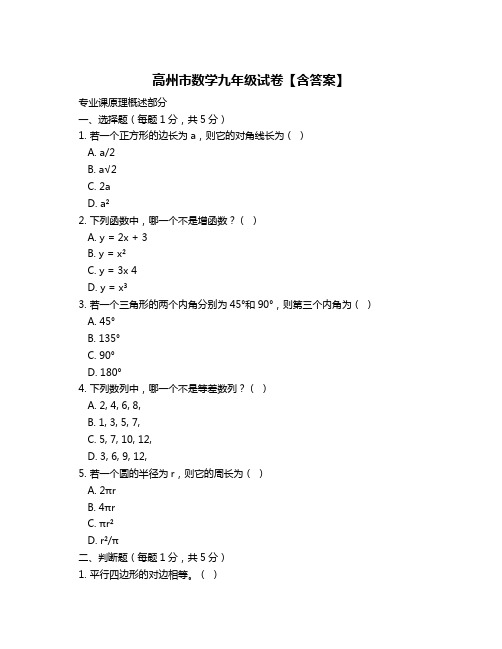 高州市数学九年级试卷【含答案】