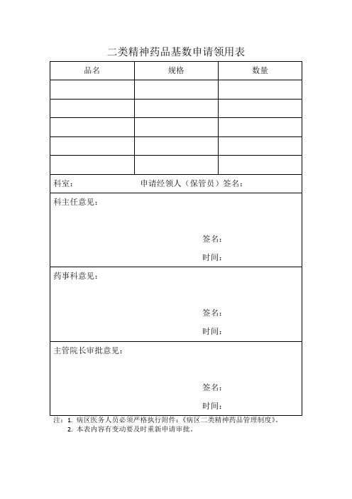 二类精神药品基数申请领用表