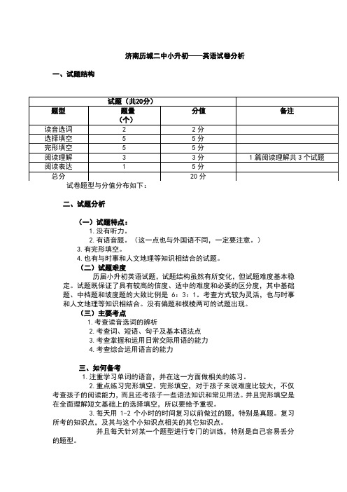 济南历城二中小升初——英语试卷分析