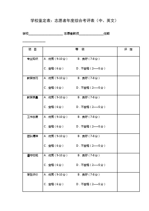 学校鉴定表：志愿者年度综合考评表(中、英文)