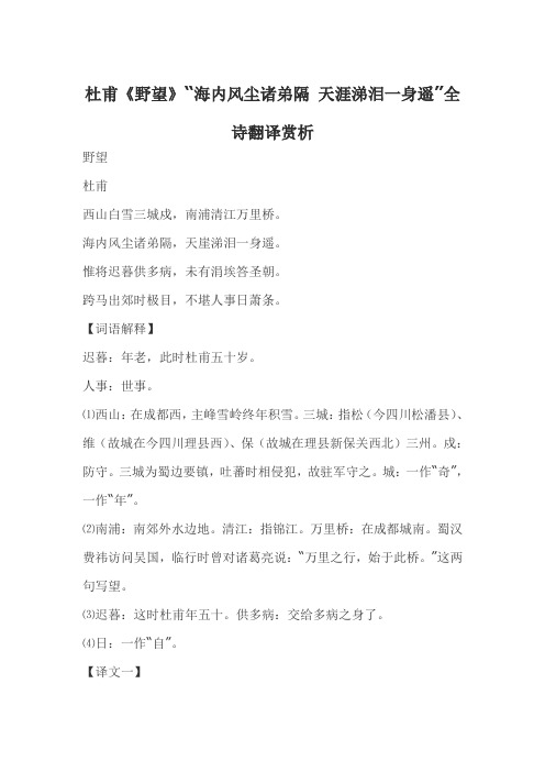 杜甫《野望》“海内风尘诸弟隔 天涯涕泪一身遥”全诗翻译赏析