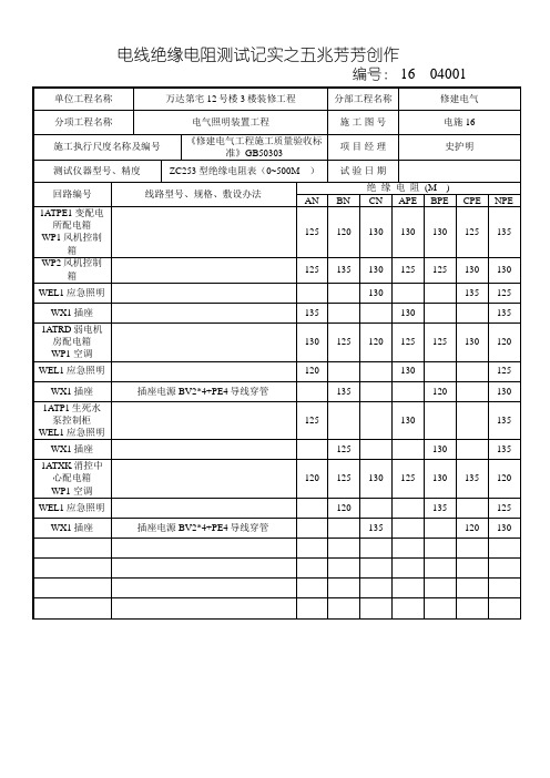 电线绝缘电阻测试记录