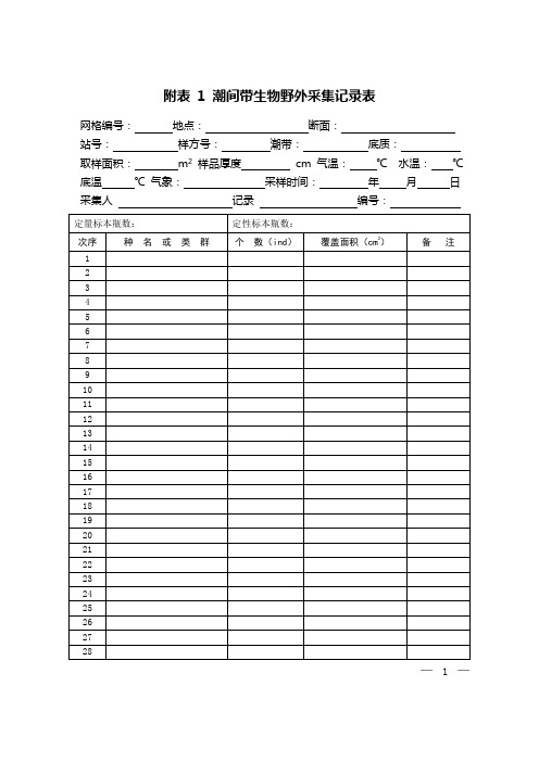 附表1潮间带生物野外采集记录表