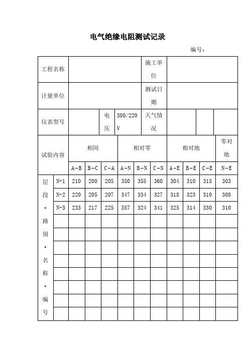 电气绝缘电阻测试记录     