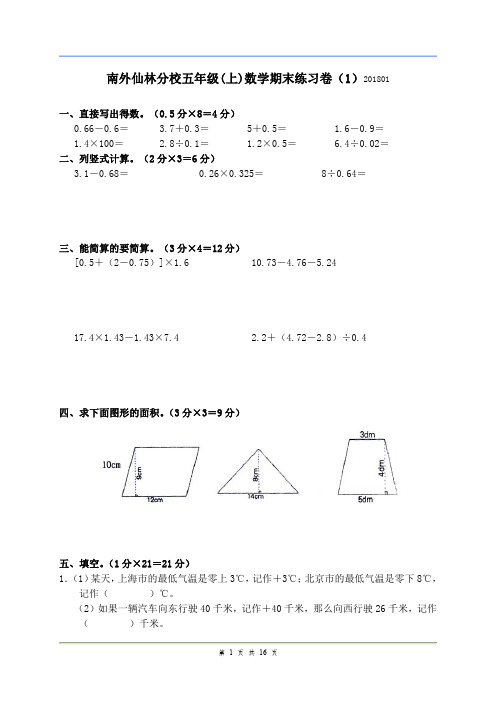 南外仙林分校五年级上学期期末复习试卷(4份)