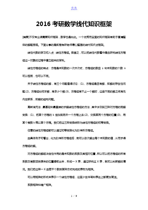 2016考研数学线代知识框架