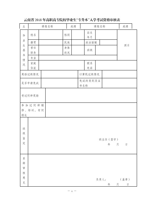 2018-2019云南 专升本报名相关电子表格