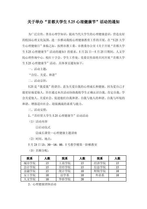 关于举办_首都大学生525心理健康节_活动的通知