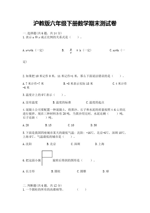 沪教版六年级下册数学期末测试卷及完整答案(易错题)