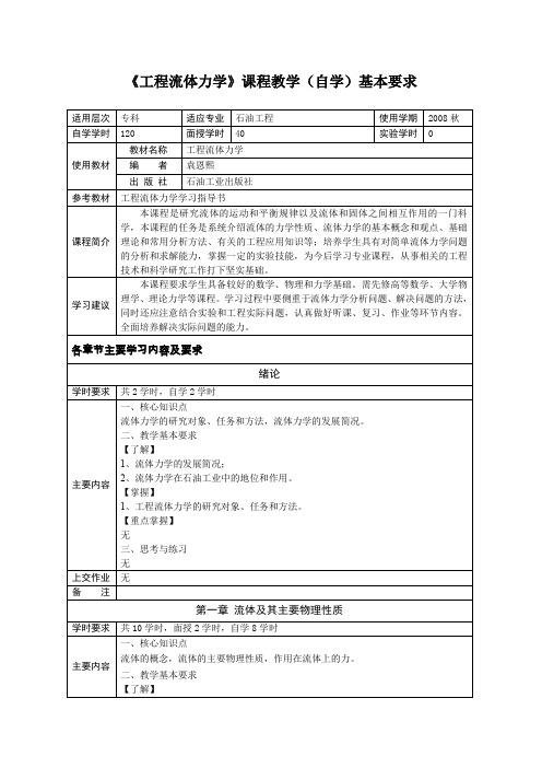 工程流体力学课程教学(自学)基本要求文档