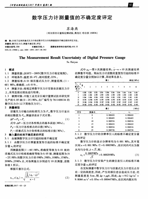 数字压力计测量值的不确定度评定