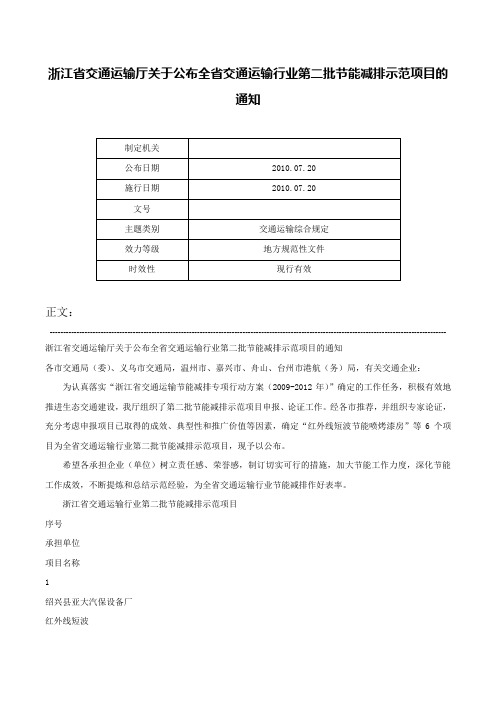 浙江省交通运输厅关于公布全省交通运输行业第二批节能减排示范项目的通知-