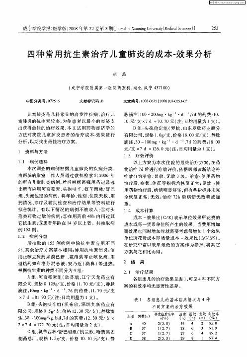 四种常用抗生素治疗儿童肺炎的成本-效果分析