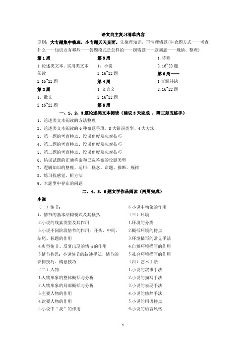 2018最后冲刺语文自主复习清单内容