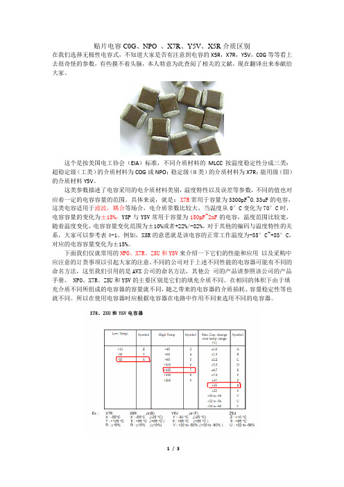 贴片电容C0G、NPO 、X7R、Y5V、X5R介质区别