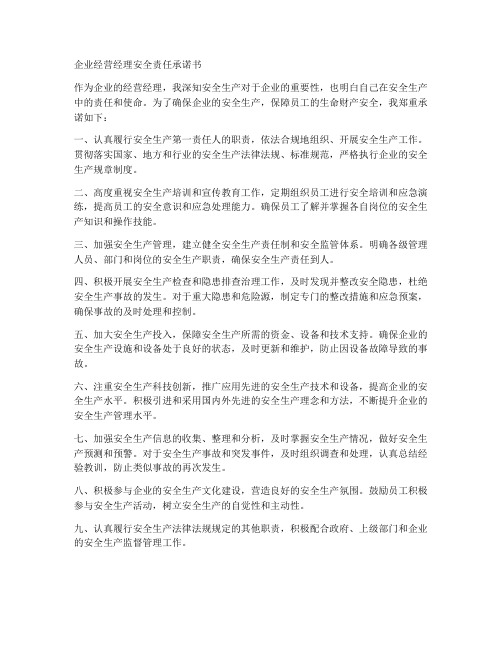 企业经营经理安全责任承诺书