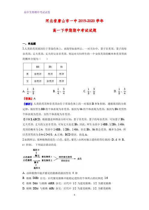 2019-2020学年河北省唐山市一中高一下学期期中考试生物试题(解析版)