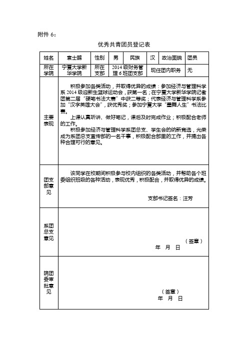 优秀共青团员登记表