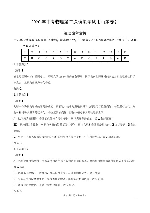 (山东卷)2020年中考物理第二次模拟考试(全解全析)