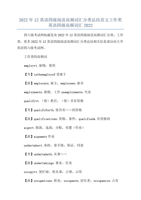 2022年12英语四级阅读高频词汇分类总结范文工作类英语四级高频词汇2022