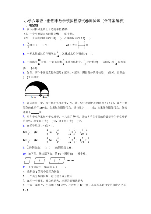 小学六年级上册期末数学模拟模拟试卷测试题(含答案解析)