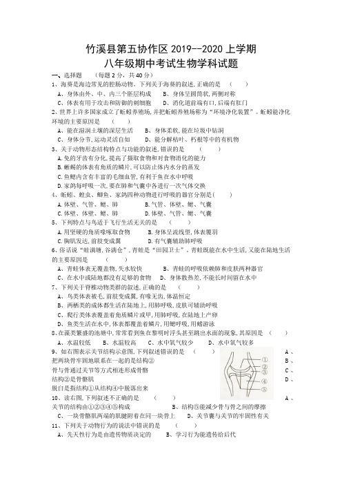 2019-2020学年湖北省十堰市竹溪县实验学校八年级上册生物期中试卷