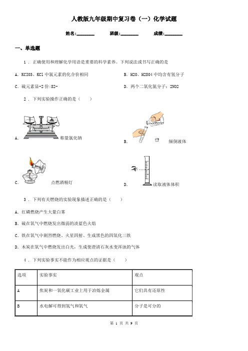 人教版九年级期中复习卷(一)化学试题