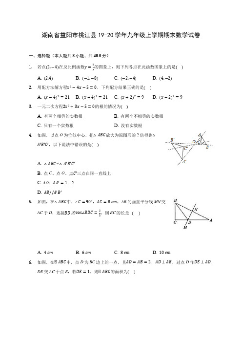 湖南省益阳市桃江县19-20学年九年级上学期期末数学试卷 及答案解析