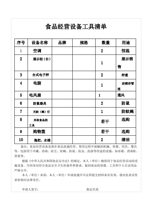 食品经营设备工具清单