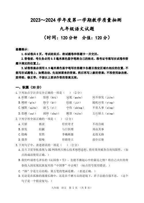 山东省滨州市滨城区2023-2024学年九年级上学期期中考试语文试题