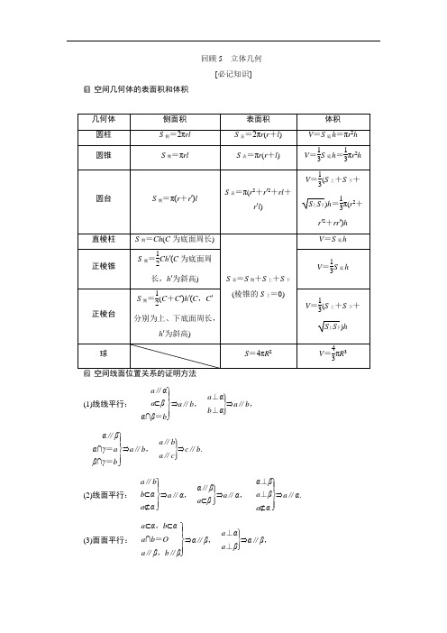 2019届高考数学二轮复习 第三部分 5 回顾5 立体几何 学案 Word版含解析